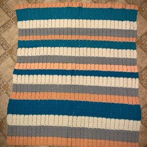 Vintage Large Afgan Throw Blanket Striped Multi Color Crochet Handmade 52 x 45